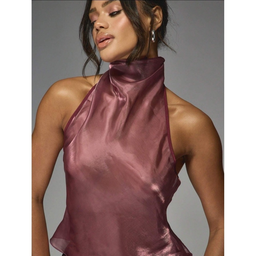Satin High-Neck Halter Top in Burgundy